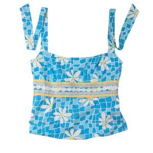 Lilly Pulitzer Vintage Top Womens Sz 14 Blue Floral Embroidered Halter Tie Back